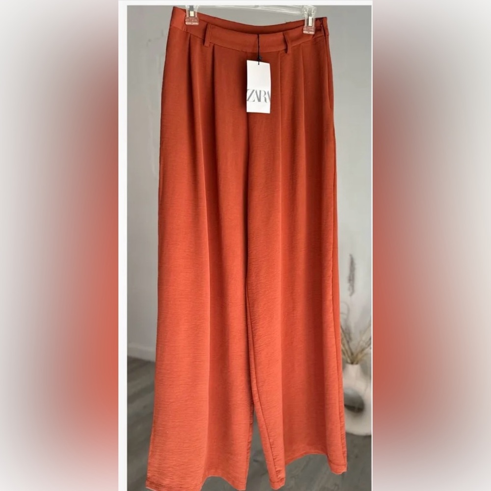 Zara Trousers Flowy Wide Leg Palazzo Pants Size M Russet Color NWT